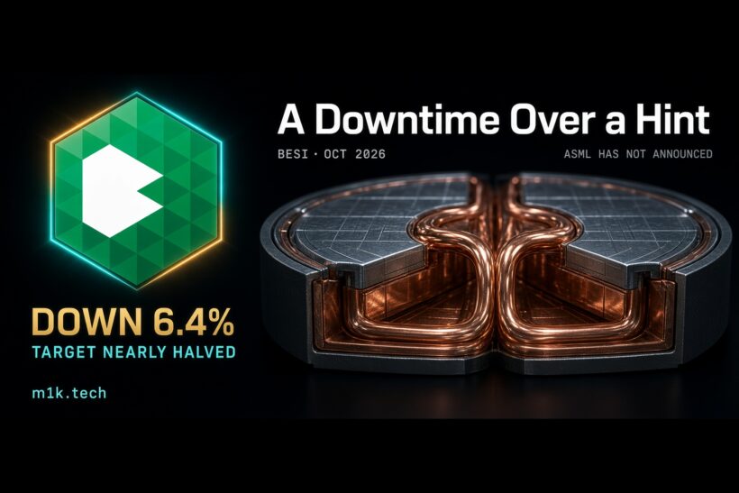 Besi stock down 6.4% as of October 2026, with price target nearly halved; ASML has not announced related downtime, per m1k.tech