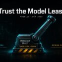 Illustration titled "Trust the Model Least," Nadella Oct 2026, showing an emergency brake lever labeled "Tamper-Proof Evidence," flanked by "Insider Risks" and "Nothing Binds Anyone," with m1k.tech logo