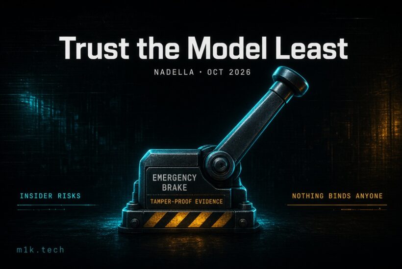 Illustration titled "Trust the Model Least," Nadella Oct 2026, showing an emergency brake lever labeled "Tamper-Proof Evidence," flanked by "Insider Risks" and "Nothing Binds Anyone," with m1k.tech logo