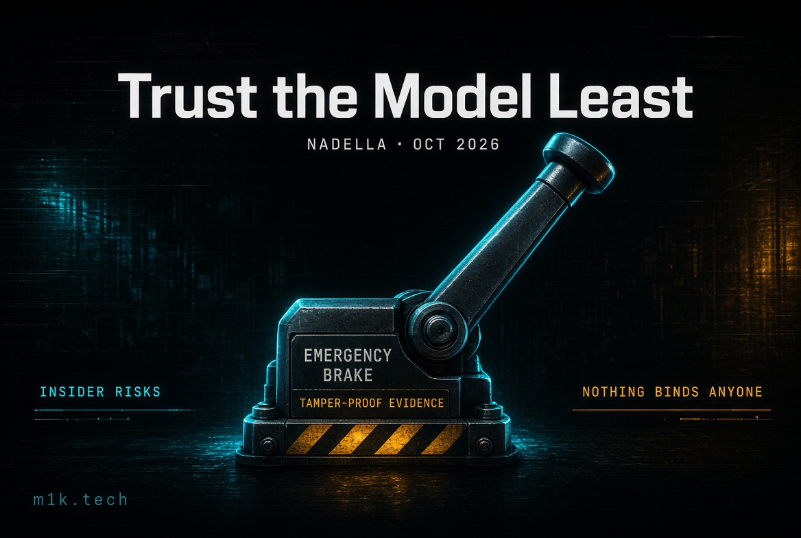 Illustration titled "Trust the Model Least," Nadella Oct 2026, showing an emergency brake lever labeled "Tamper-Proof Evidence," flanked by "Insider Risks" and "Nothing Binds Anyone," with m1k.tech logo