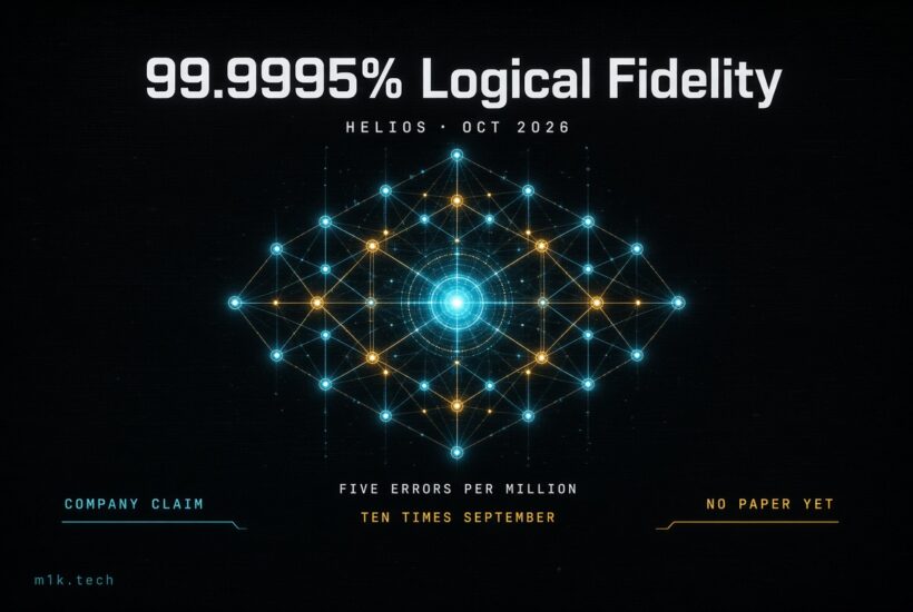 Graphic claiming Helios achieved 99.9995% Logical Fidelity, Oct 2026, five errors per million, ten times September; labeled company claim, no paper yet