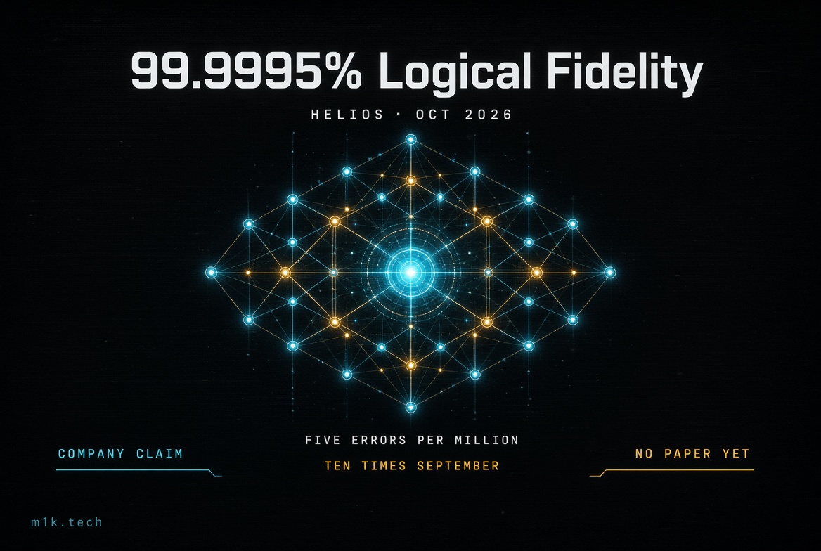 Graphic claiming Helios achieved 99.9995% Logical Fidelity, Oct 2026, five errors per million, ten times September; labeled company claim, no paper yet