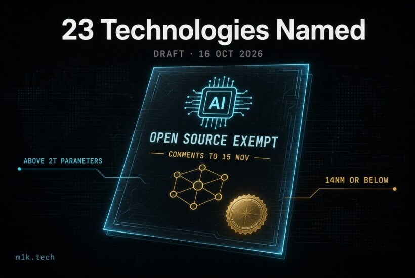 Draft document dated 16 Oct 2026 proposing 23 technologies named Open Source Exempt, covering AI systems above 2 trillion parameters and chips 14nm or below, with comments due 15 Nov