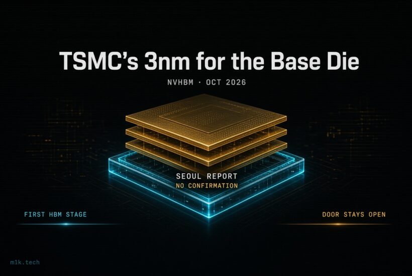 Illustration titled "TSMC's 3nm for the Base Die," NVHBM Oct 2026, stacked gold chip layers on glowing blue base, labeled Seoul Report, No Confirmation, First HBM Stage, Door Stays Open