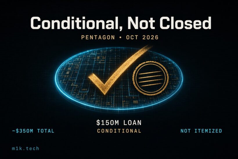 Conditional, Not Closed: Pentagon Oct 2026, $150M loan conditional, ~$350M total, not itemized
