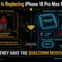 Infographic: Apple replacing iPhone 18 Pro Max phones showing No Service error, due to a handshake failure between Qualcomm modem and Apple C2 silicon; software updates can't fix it, so Apple offers new devices with Qualcomm modem, network ready for T-Mobile 5G UC and Verizon 5G UW