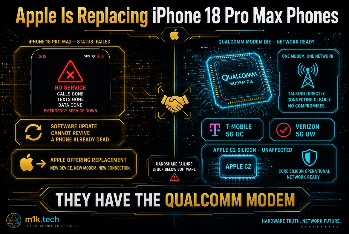 Infographic: Apple replacing iPhone 18 Pro Max phones showing No Service error, due to a handshake failure between Qualcomm modem and Apple C2 silicon; software updates can't fix it, so Apple offers new devices with Qualcomm modem, network ready for T-Mobile 5G UC and Verizon 5G UW