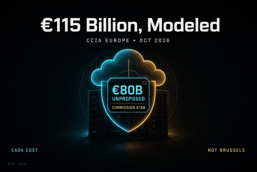 Graphic titled "€115 Billion, Modeled," CCIA Europe Oct 2026, showing a shield tag reading €80B Unproposed, Commission €18B, with CADA Cost and Not Brussels labels, from m1k.tech
