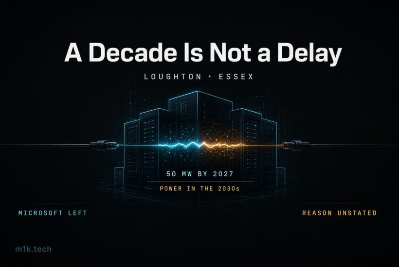 Graphic titled "A Decade Is Not a Delay, Loughton Essex," showing a data center with an unplugged cable, text reading "50 MW by 2027," "Power in the 2030s," "Microsoft left," and "Reason unstated," with m1k.tech logo