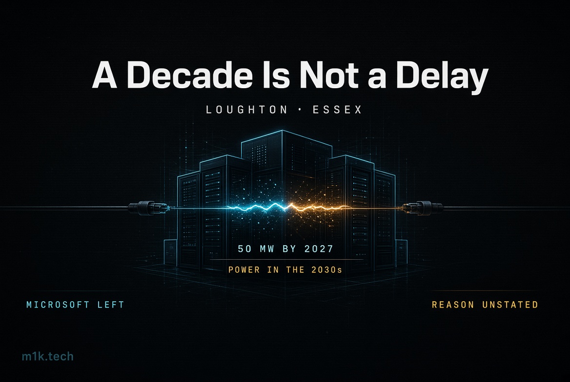 Graphic titled "A Decade Is Not a Delay, Loughton Essex," showing a data center with an unplugged cable, text reading "50 MW by 2027," "Power in the 2030s," "Microsoft left," and "Reason unstated," with m1k.tech logo