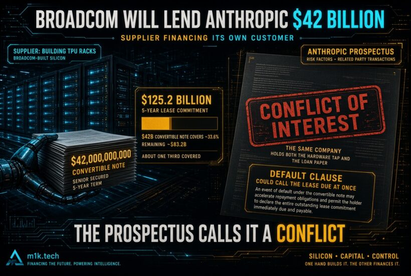 Infographic: Broadcom will lend Anthropic $42 billion via a 5-year senior secured convertible note, covering about a third of Anthropic's $125.2 billion 5-year lease commitment for Broadcom-built TPU racks. Anthropic's prospectus flags this as a conflict of interest since Broadcom is both hardware supplier and lender, with a default clause that could accelerate the entire lease payment if the note defaults