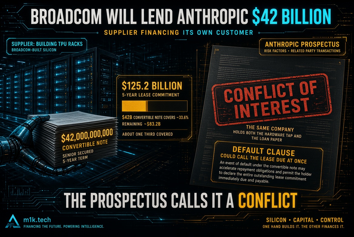Infographic: Broadcom will lend Anthropic $42 billion via a 5-year senior secured convertible note, covering about a third of Anthropic's $125.2 billion 5-year lease commitment for Broadcom-built TPU racks. Anthropic's prospectus flags this as a conflict of interest since Broadcom is both hardware supplier and lender, with a default clause that could accelerate the entire lease payment if the note defaults