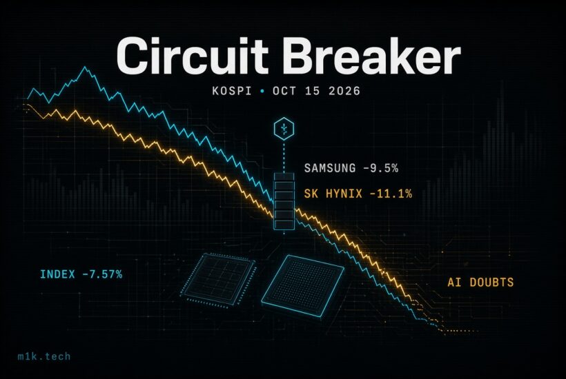 Chart titled Circuit Breaker, KOSPI Oct 15 2026, showing index down 7.57%, Samsung down 9.5%, SK Hynix down 11.1%, amid AI doubts