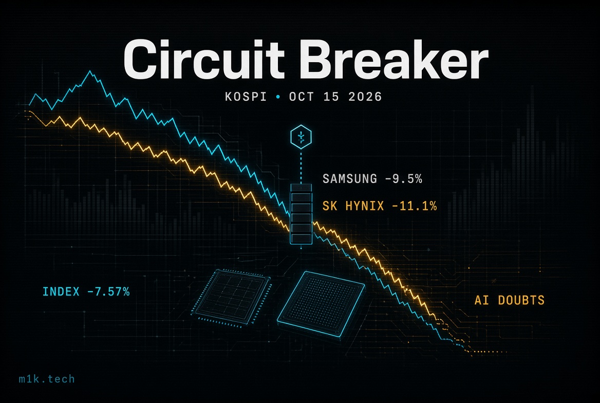 Chart titled Circuit Breaker, KOSPI Oct 15 2026, showing index down 7.57%, Samsung down 9.5%, SK Hynix down 11.1%, amid AI doubts