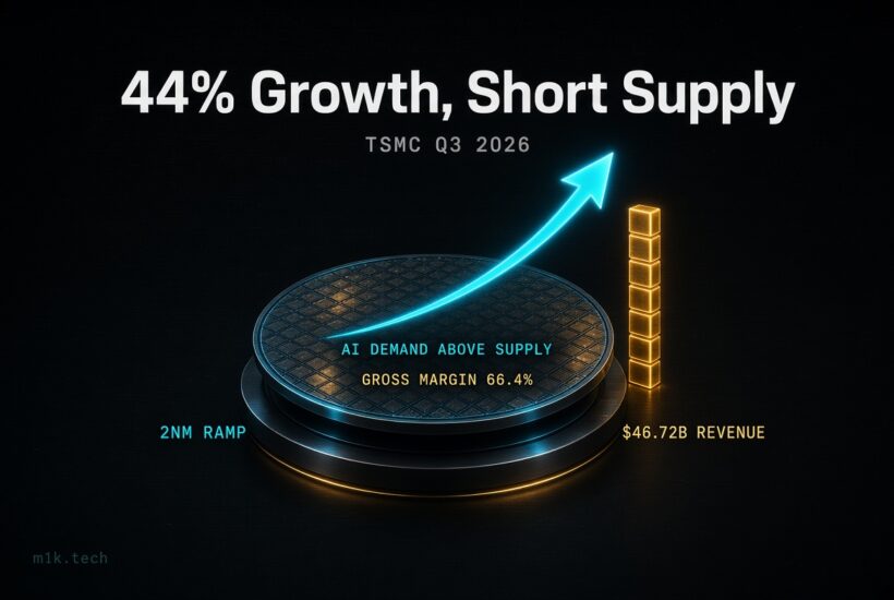 TSMC Q3 2026: 44% growth, short supply. $46.72B revenue, 66.4% gross margin, AI demand above supply, 2nm ramp underway