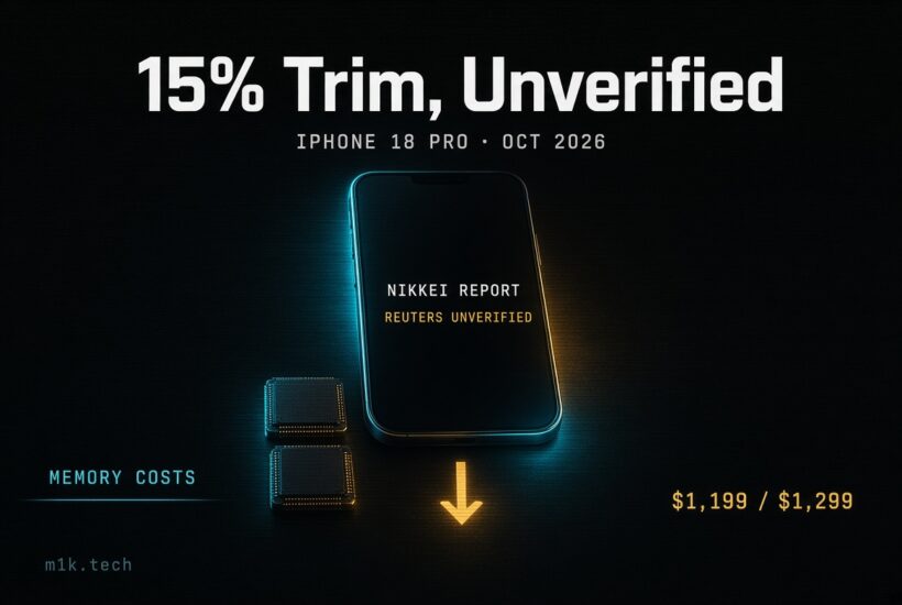Graphic headlined "15% Trim, Unverified," iPhone 18 Pro, Oct 2026, citing Nikkei report, Reuters unverified, memory costs down, pricing $1,199 / $1,299