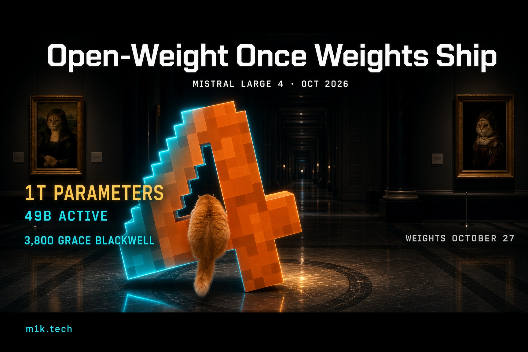 Open-Weight Once Weights Ship: Mistral Large 4, Oct 2026. 1T parameters, 49B active, 3,800 Grace Blackwell GPUs, weights releasing October 27