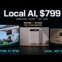 Ugreen HomeAgent HA100 local AI hub, Oct 2026, RK3588+RK1828 with T20 Accelerator, starting at $799, local not cloud, shown with solar security camera and indoor pan-tilt camera boxes