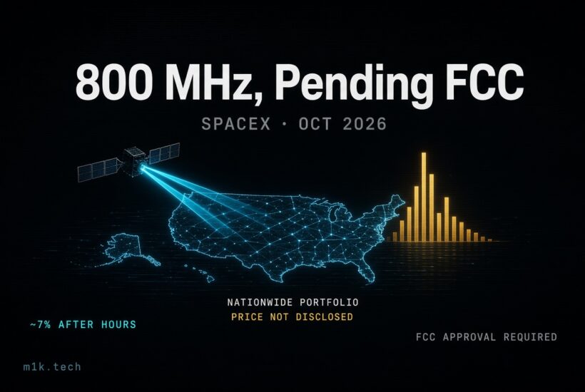 SpaceX 800 MHz nationwide spectrum deal, Oct 2026, pending FCC approval, price not disclosed, stock up ~7% after hours