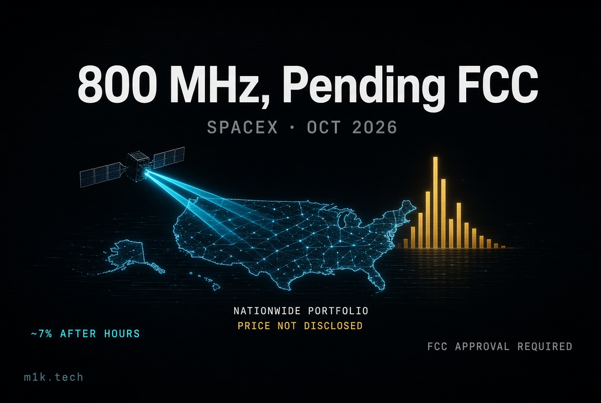 SpaceX 800 MHz nationwide spectrum deal, Oct 2026, pending FCC approval, price not disclosed, stock up ~7% after hours