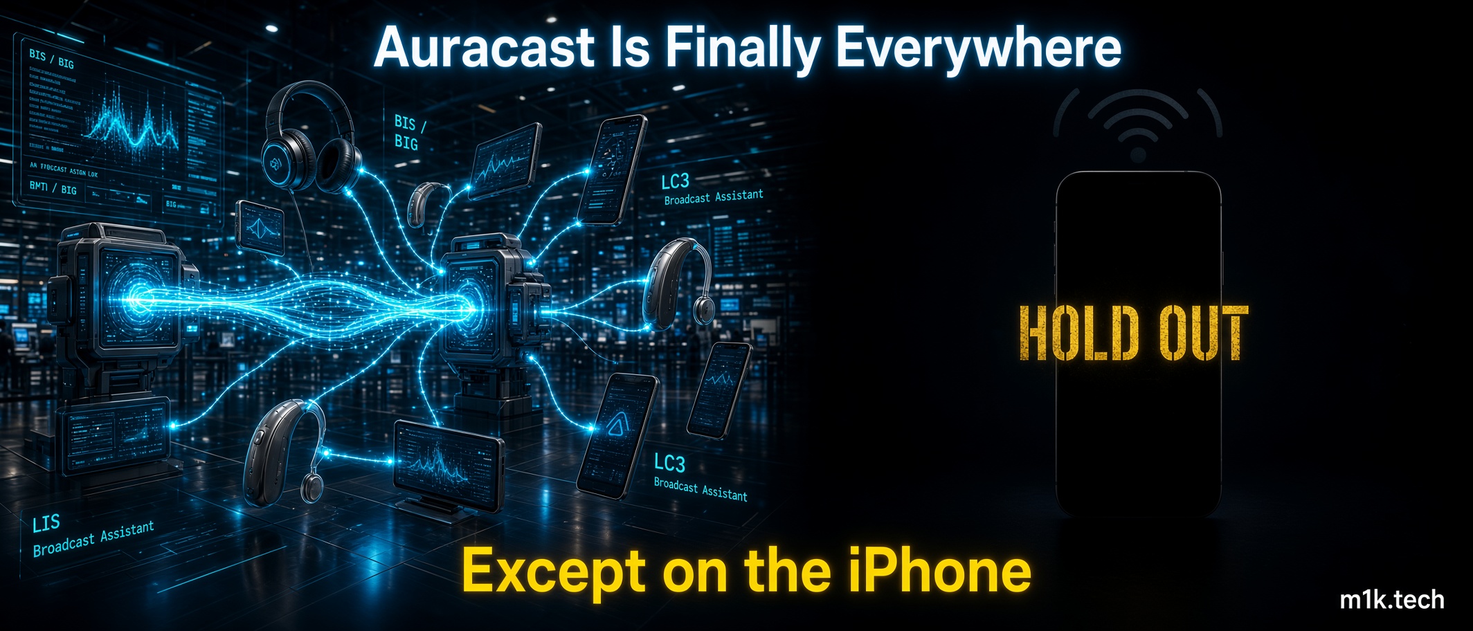 Illustration titled "Auracast Is Finally Everywhere, Except on the iPhone" showing headphones and hearing devices connected to broadcast assistant tech, beside a phone silhouette labeled "Hold Out