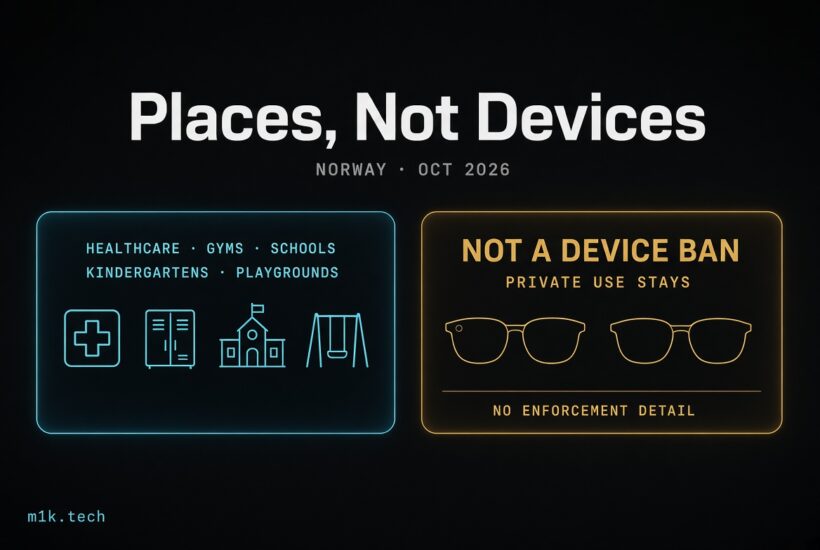 Infographic: Norway Oct 2026 policy restricts smart devices in healthcare, gyms, schools, kindergartens, playgrounds; not a device ban, private use stays, no enforcement detail given