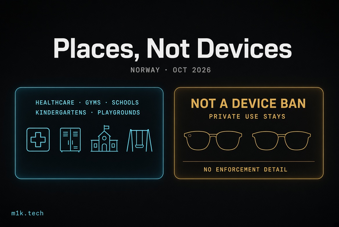 Infographic: Norway Oct 2026 policy restricts smart devices in healthcare, gyms, schools, kindergartens, playgrounds; not a device ban, private use stays, no enforcement detail given