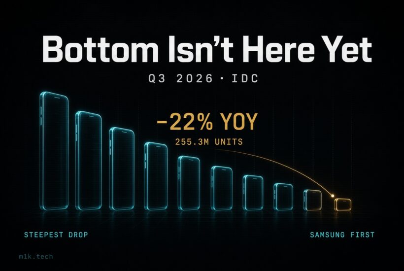 Chart titled "Bottom Isn't Here Yet," Q3 2026 IDC data showing smartphone shipments down 22% YOY to 255.3M units, steepest drop, Samsung first