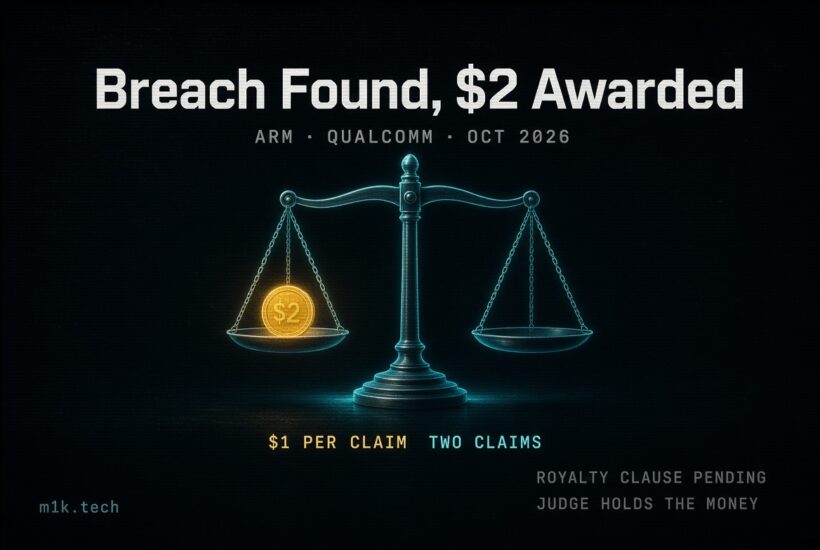 Illustration graphic: Breach Found, $2 Awarded, ARM vs Qualcomm Oct 2026, $1 per claim, two claims, royalty clause pending, judge holds the money, with a scale holding a $2 coin