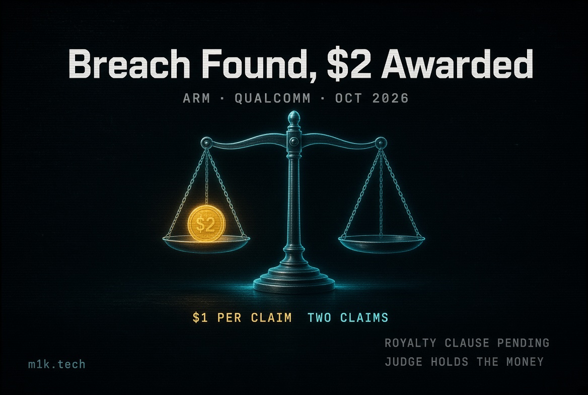 Illustration graphic: Breach Found, $2 Awarded, ARM vs Qualcomm Oct 2026, $1 per claim, two claims, royalty clause pending, judge holds the money, with a scale holding a $2 coin