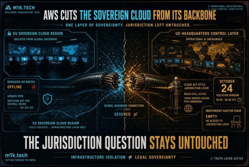 Infographic: AWS severs EU sovereign cloud backbone connection Oct 24, 00:00-06:00 UTC, isolating infrastructure while US control layer stays operational; CLOUD Act jurisdiction access remains unbroken and auditor chair sits empty, showing infrastructure isolation does not equal legal sovereignty