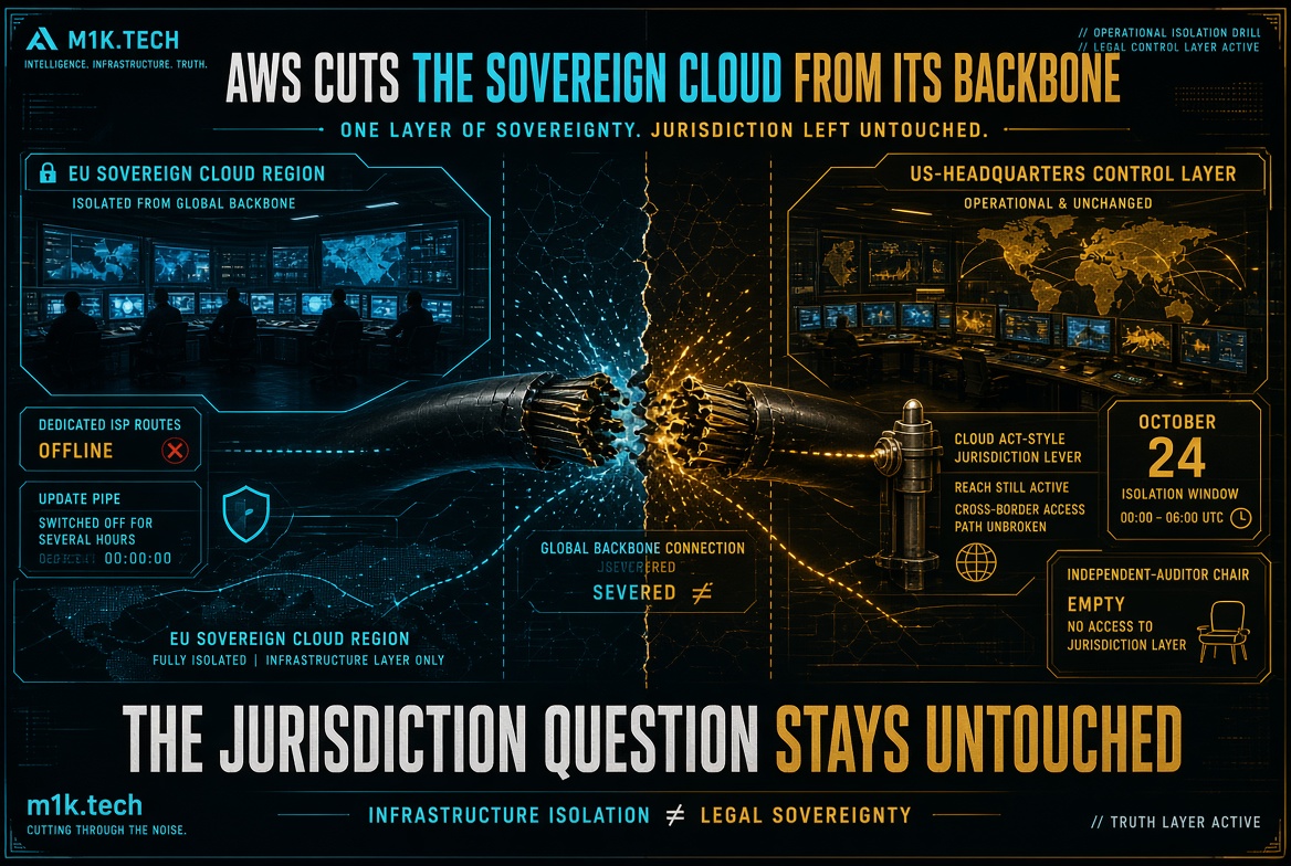 Infographic: AWS severs EU sovereign cloud backbone connection Oct 24, 00:00-06:00 UTC, isolating infrastructure while US control layer stays operational; CLOUD Act jurisdiction access remains unbroken and auditor chair sits empty, showing infrastructure isolation does not equal legal sovereignty