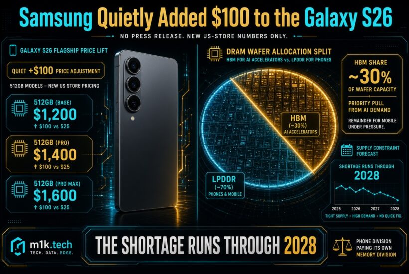 Infographic: Galaxy S26 512GB prices rose $100 to $1,200/$1,400/$1,600 due to DRAM shortage, as HBM AI chips take ~30% of wafer capacity vs 70% for phone LPDDR; shortage forecast to run through 2028