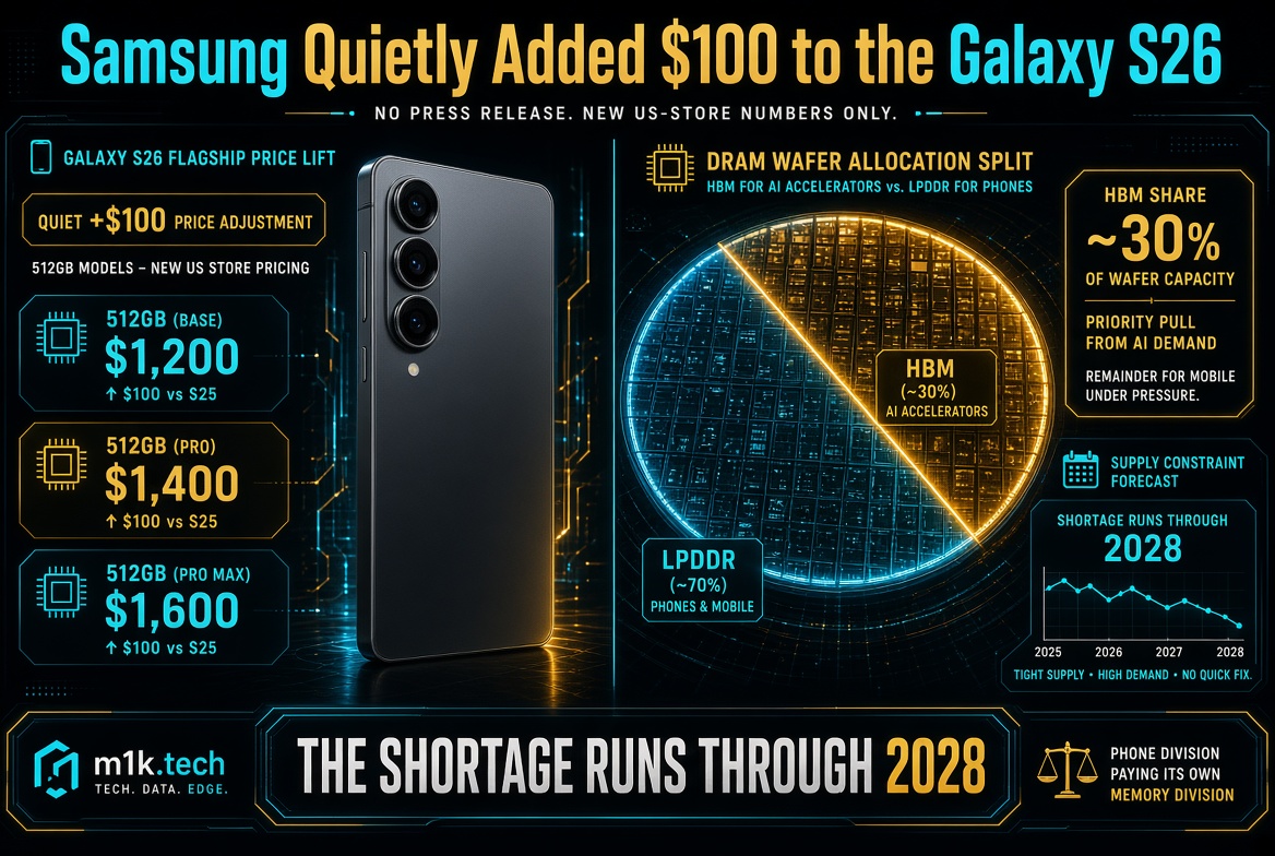 Infographic: Galaxy S26 512GB prices rose $100 to $1,200/$1,400/$1,600 due to DRAM shortage, as HBM AI chips take ~30% of wafer capacity vs 70% for phone LPDDR; shortage forecast to run through 2028