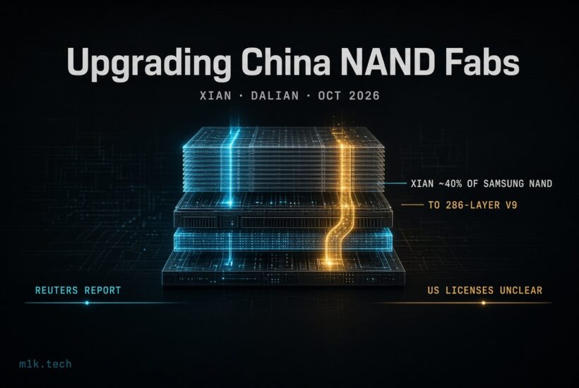Infographic: Upgrading China NAND Fabs, Xian and Dalian, Oct 2026. Xian makes ~40% of Samsung NAND, upgrading to 286-layer V9, per Reuters; US export license status unclear