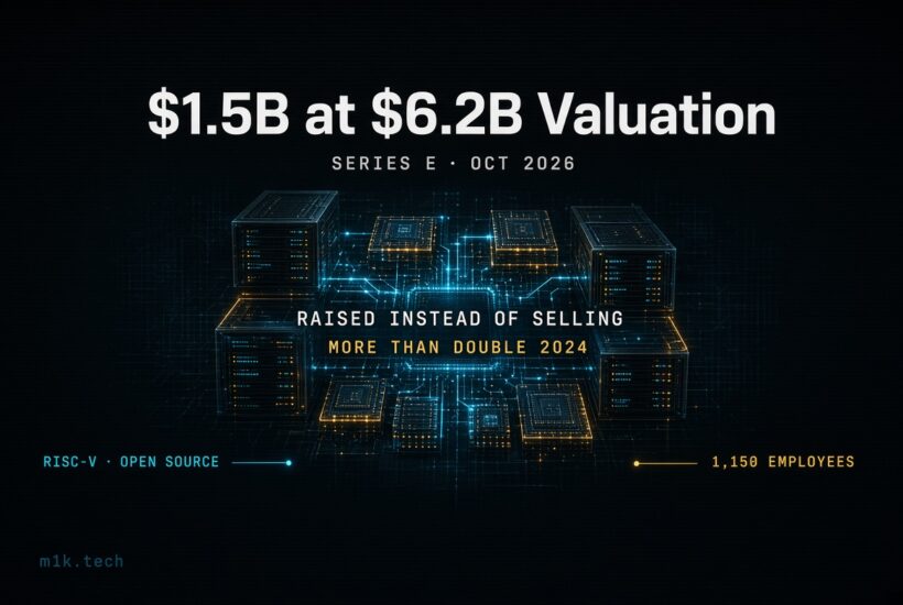 Infographic: m1k.tech raised $1.5B Series E at $6.2B valuation, Oct 2026, more than double 2024, RISC-V open source, 1,150 employees