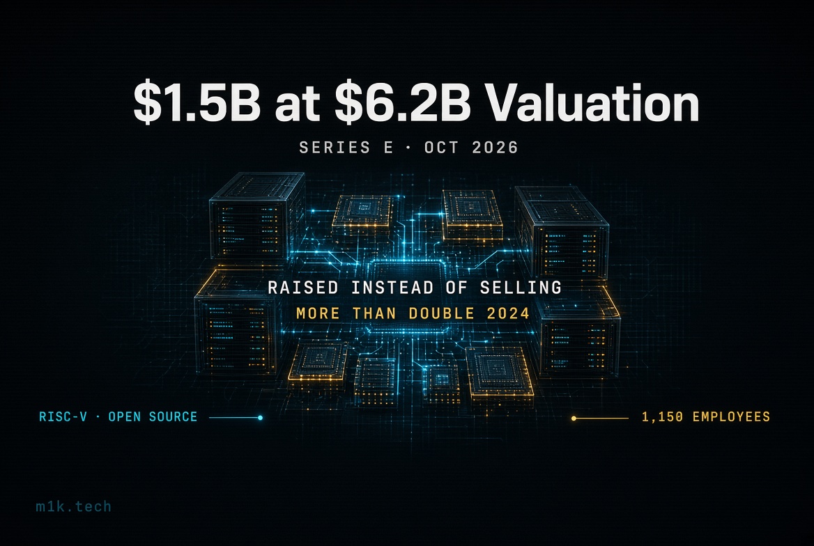 Infographic: m1k.tech raised $1.5B Series E at $6.2B valuation, Oct 2026, more than double 2024, RISC-V open source, 1,150 employees