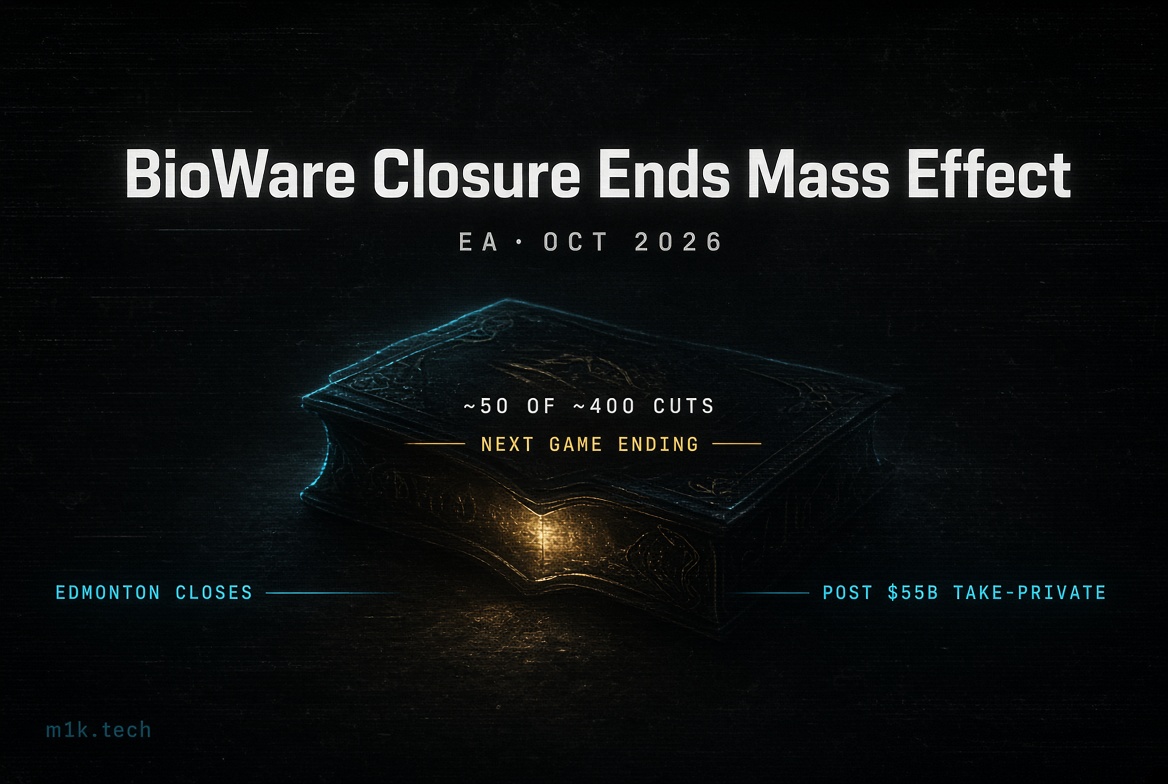 Infographic: EA closes BioWare Edmonton Oct 2026, cutting ~50 of ~400 staff, ending Mass Effect, after $55B take-private