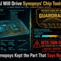 Infographic: OpenAI AI agent drives chip layout design via natural language, generating a 28.4-billion-transistor silicon die with +31% PPA improvement; Synopsys retains physics sign-off veto power (timing, power, signal integrity checks) with vendor-only access and no bypass, capturing 22.4% of incremental value while AI handles design, Synopsys tools alone can clear or fail sign-off