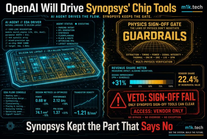 Infographic: OpenAI AI agent drives chip layout design via natural language, generating a 28.4-billion-transistor silicon die with +31% PPA improvement; Synopsys retains physics sign-off veto power (timing, power, signal integrity checks) with vendor-only access and no bypass, capturing 22.4% of incremental value while AI handles design, Synopsys tools alone can clear or fail sign-off