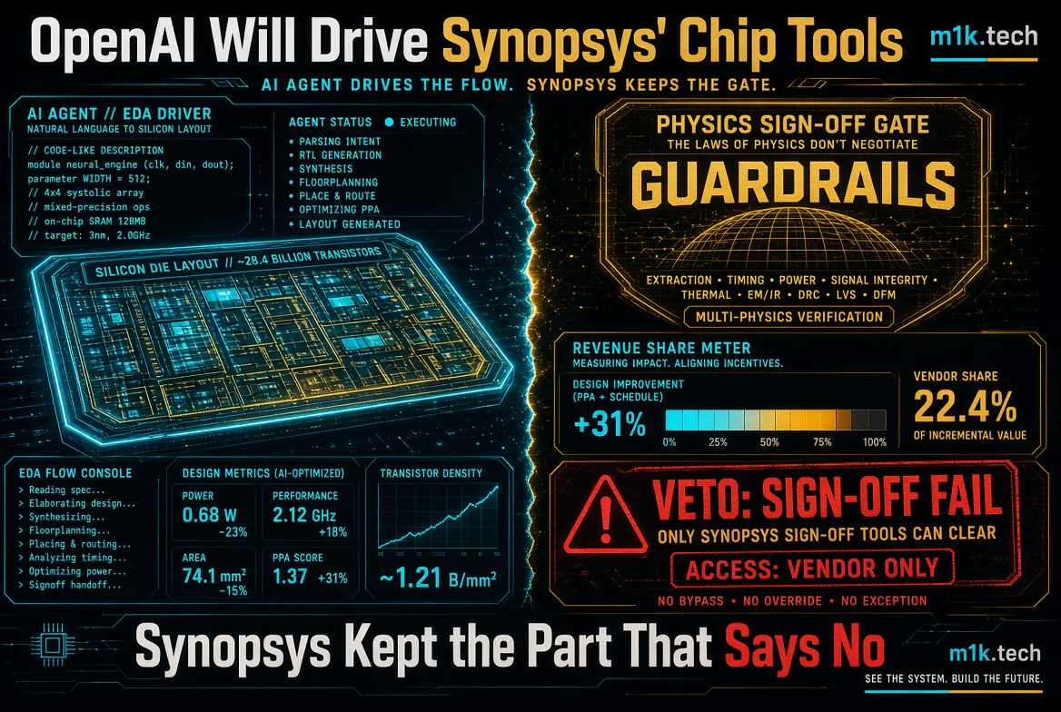 Infographic: OpenAI AI agent drives chip layout design via natural language, generating a 28.4-billion-transistor silicon die with +31% PPA improvement; Synopsys retains physics sign-off veto power (timing, power, signal integrity checks) with vendor-only access and no bypass, capturing 22.4% of incremental value while AI handles design, Synopsys tools alone can clear or fail sign-off