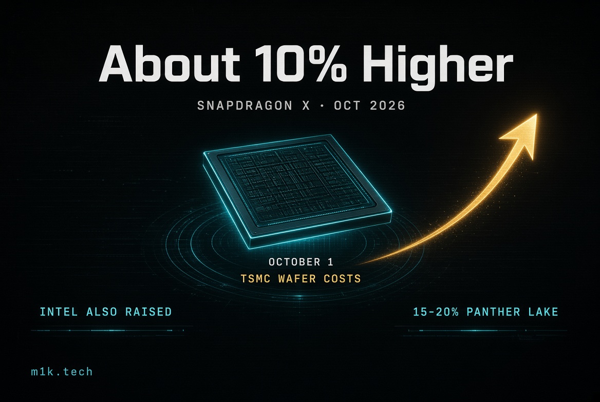 Infographic: Snapdragon X chip prices about 10% higher as of Oct 2026 after TSMC raised wafer costs Oct 1; Intel also raised prices, Panther Lake up 15-20%