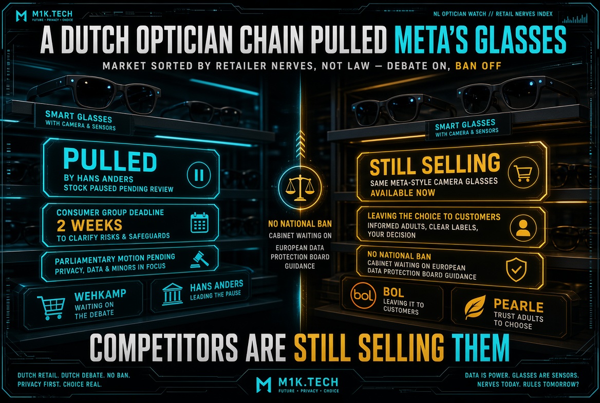 Infographic: Hans Anders pulled Meta smart glasses pending review, consumer group gives 2-week deadline, parliamentary motion pending on privacy; no national ban as cabinet awaits EU data protection guidance. Meanwhile Wehkamp, Bol, and Pearle continue selling similar glasses, leaving choice to customers. Headline: Competitors are still selling them