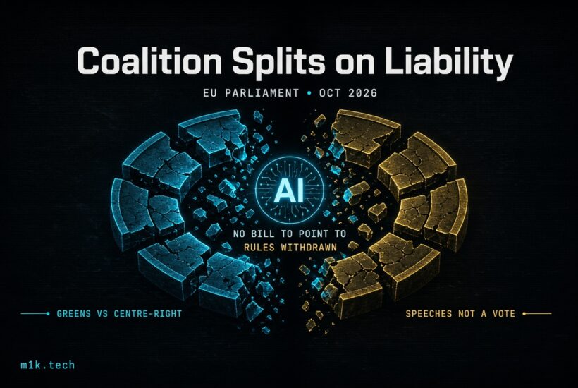 Illustration titled "Coalition Splits on Liability," EU Parliament, Oct 2026: a cracked ring splitting into blue and gold halves around an AI symbol, with text "No bill to point to," "Rules withdrawn," "Greens vs Centre-Right," and "Speeches not a vote