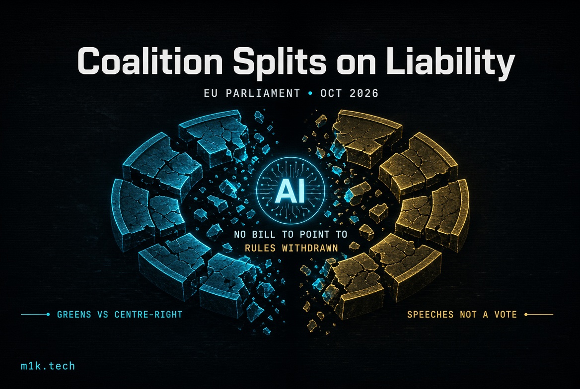 Illustration titled "Coalition Splits on Liability," EU Parliament, Oct 2026: a cracked ring splitting into blue and gold halves around an AI symbol, with text "No bill to point to," "Rules withdrawn," "Greens vs Centre-Right," and "Speeches not a vote