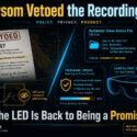Infographic: Newsom vetoed CA bill SB 1287 requiring smart glasses LED recording indicators. Shows vetoed document, open bystander class-action case BC-2028-1177 over unconsented wearable recording, firmware update making indicator manufacturer discretion (82% rewritten), smart glasses with coverable LED, and camera-free glasses as workaround. Headline: The LED Is Back to Being a Promise, not a legal obligation. By m1k.tech