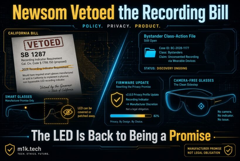 Infographic: Newsom vetoed CA bill SB 1287 requiring smart glasses LED recording indicators. Shows vetoed document, open bystander class-action case BC-2028-1177 over unconsented wearable recording, firmware update making indicator manufacturer discretion (82% rewritten), smart glasses with coverable LED, and camera-free glasses as workaround. Headline: The LED Is Back to Being a Promise, not a legal obligation. By m1k.tech