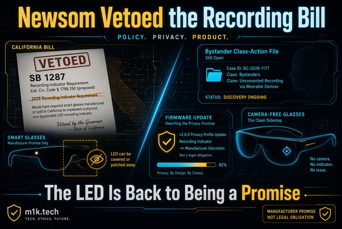 Infographic: Newsom vetoed CA bill SB 1287 requiring smart glasses LED recording indicators. Shows vetoed document, open bystander class-action case BC-2028-1177 over unconsented wearable recording, firmware update making indicator manufacturer discretion (82% rewritten), smart glasses with coverable LED, and camera-free glasses as workaround. Headline: The LED Is Back to Being a Promise, not a legal obligation. By m1k.tech