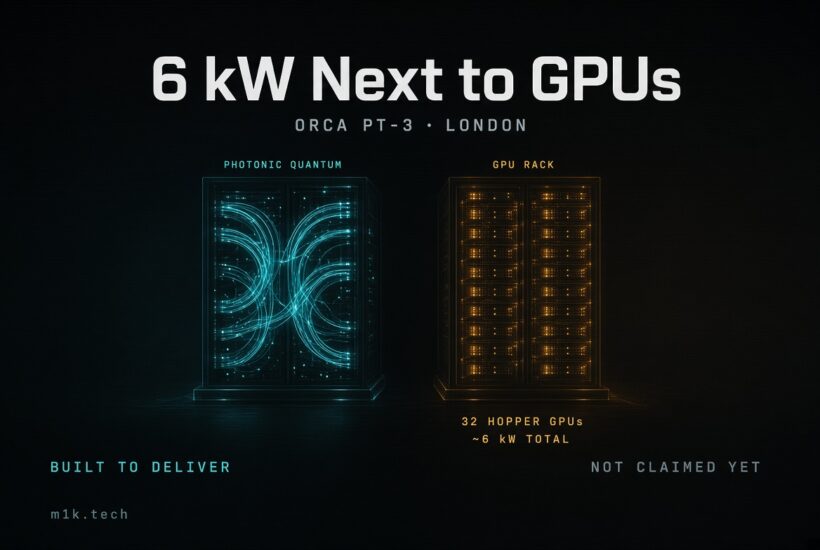 Diagram comparing Orca PT-3 photonic quantum rack to a GPU rack with 32 Hopper GPUs totaling ~6 kW, London