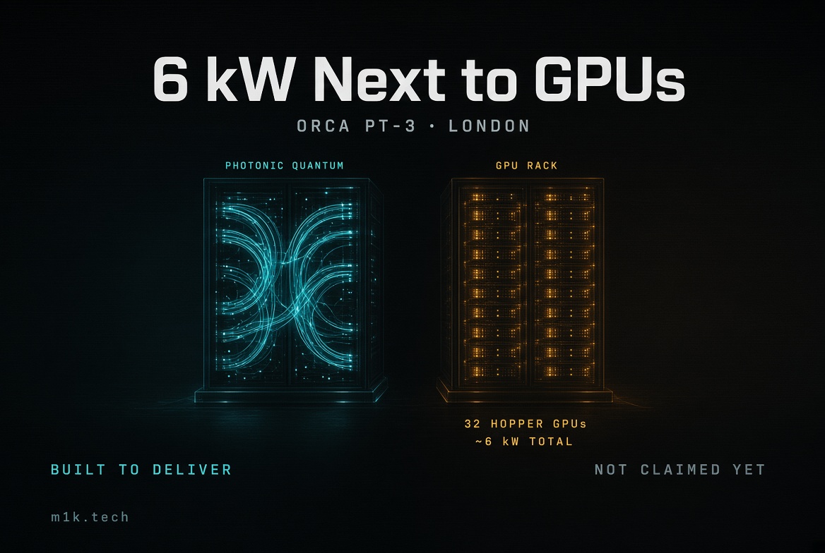 Diagram comparing Orca PT-3 photonic quantum rack to a GPU rack with 32 Hopper GPUs totaling ~6 kW, London